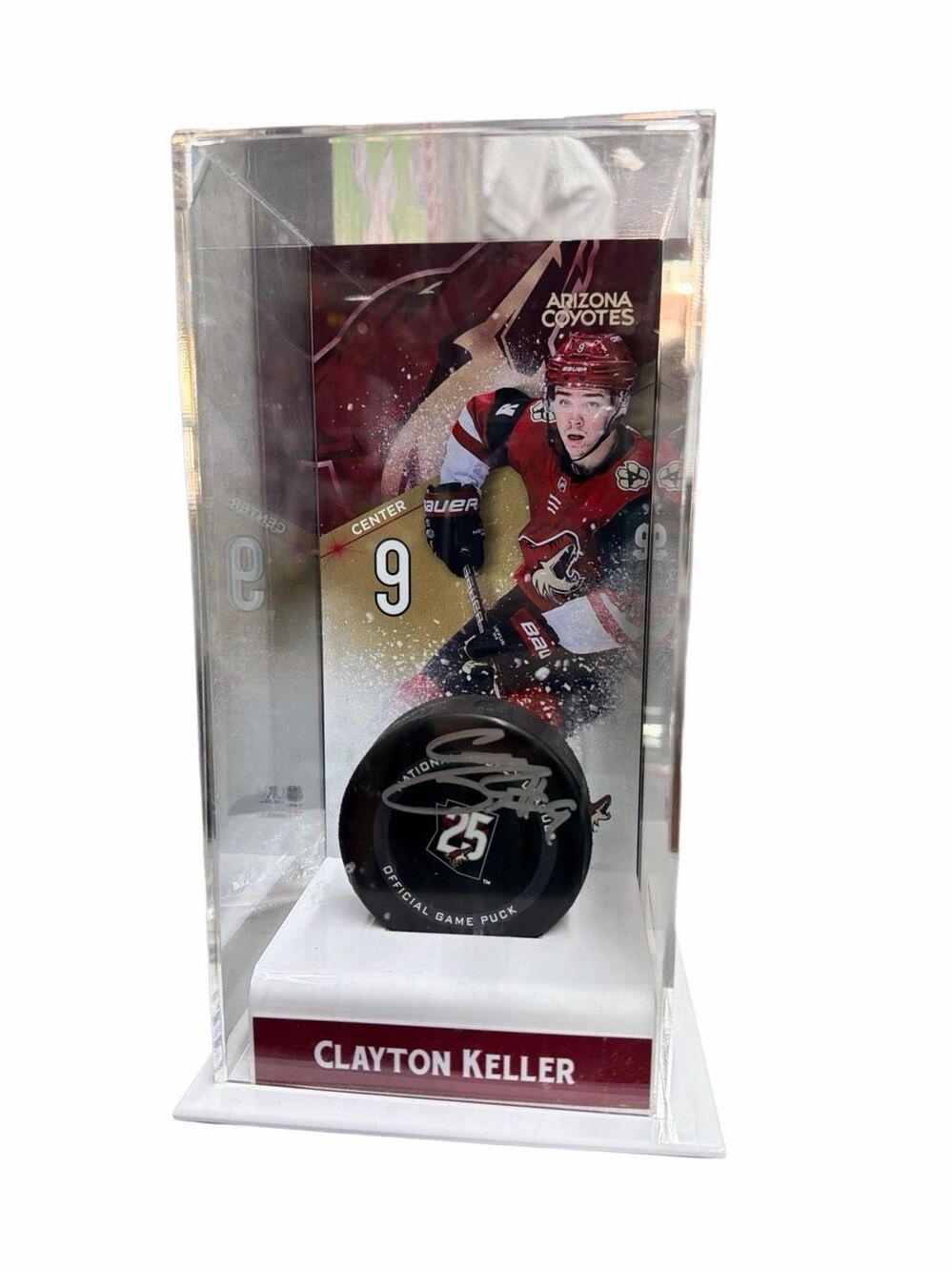Clayton Keller Arizona Coyotes Autographed Puck with Deluxe Tall Hockey Puck Cas